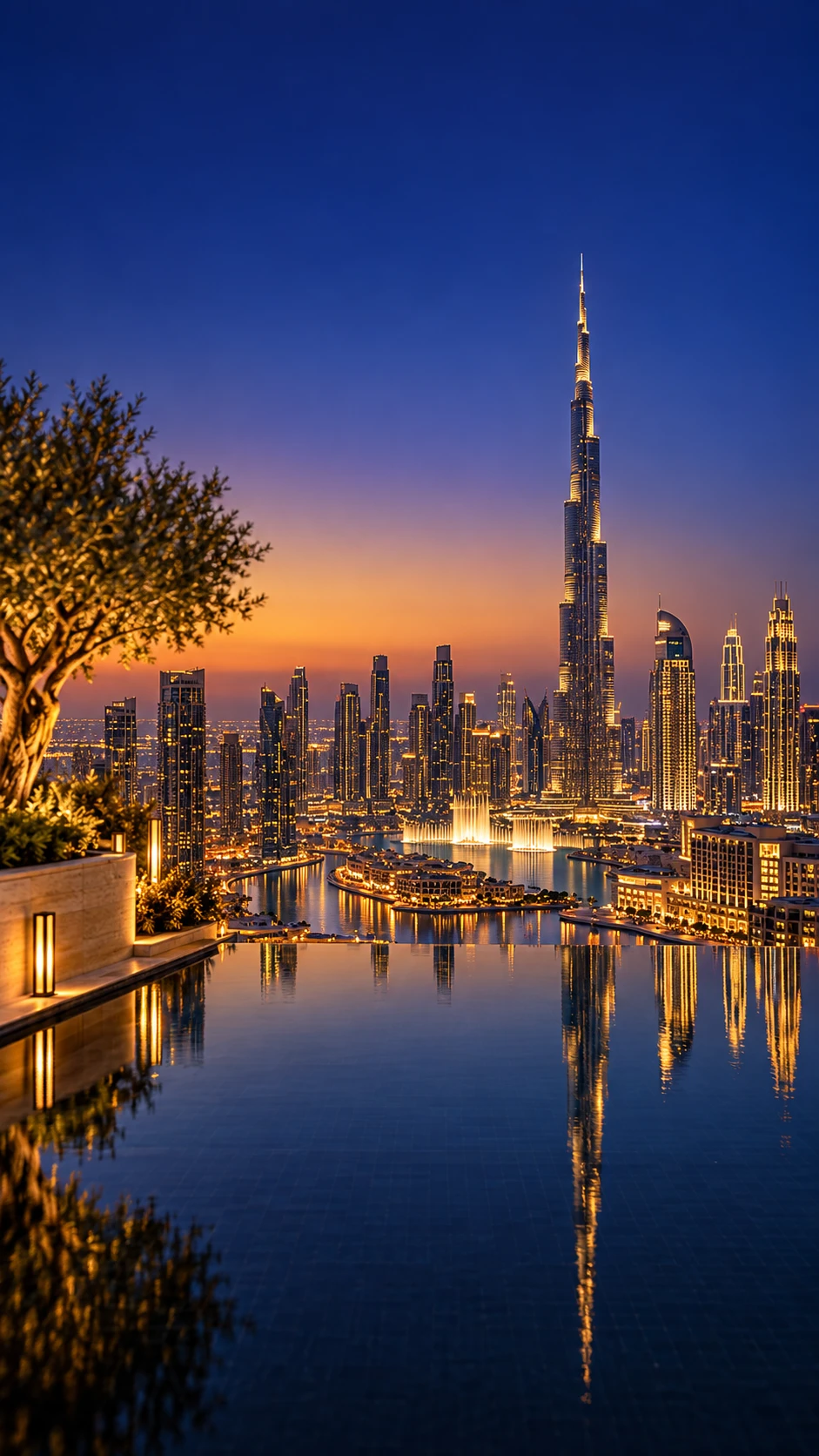 Dubai skyline and Burj Khalifa at blue hour from a rooftop infinity pool
